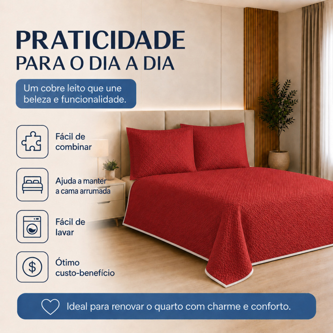 Cobre-Leito Piquet 70% Algodão com Porta-Travesseiro Queen Vermelho