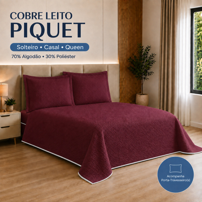 Cobre-Leito Piquet 70% Algodão com Porta-Travesseiro Queen Vinho