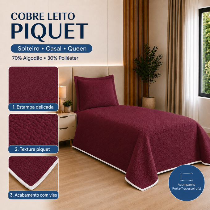 Cobre-Leito Piquet 70% Algodão com Porta-Travesseiro Queen Vinho
