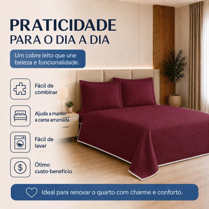 Cobre-Leito Piquet 70% Algodão com Porta-Travesseiro Queen Vinho