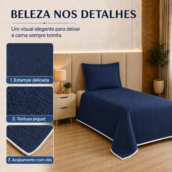 Cobre-Leito Piquet 70% Algodão com Porta-Travesseiro Solteiro Azul Marinho