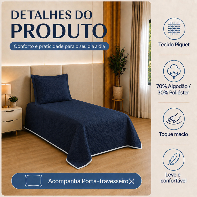 Cobre-Leito Piquet 70% Algodão com Porta-Travesseiro Solteiro Azul Marinho