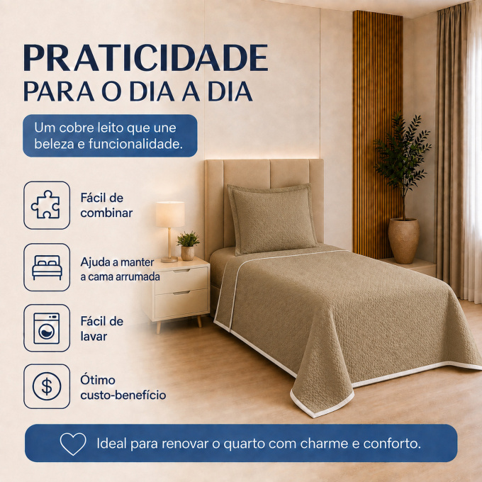 Cobre-Leito Piquet 70% Algodão com Porta-Travesseiro Solteiro Bege