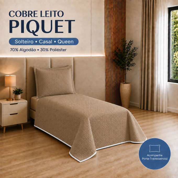 Cobre-Leito Piquet 70% Algodão com Porta-Travesseiro Solteiro Bege
