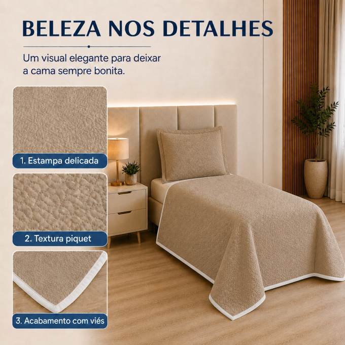 Cobre-Leito Piquet 70% Algodão com Porta-Travesseiro Solteiro Bege