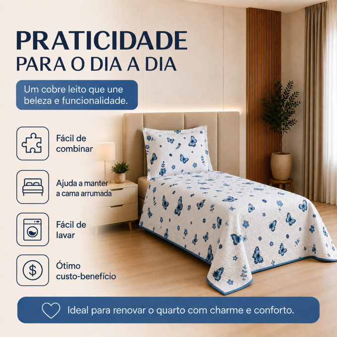 Cobre-Leito Piquet 70% Algodão com Porta-Travesseiro Solteiro Borboleta