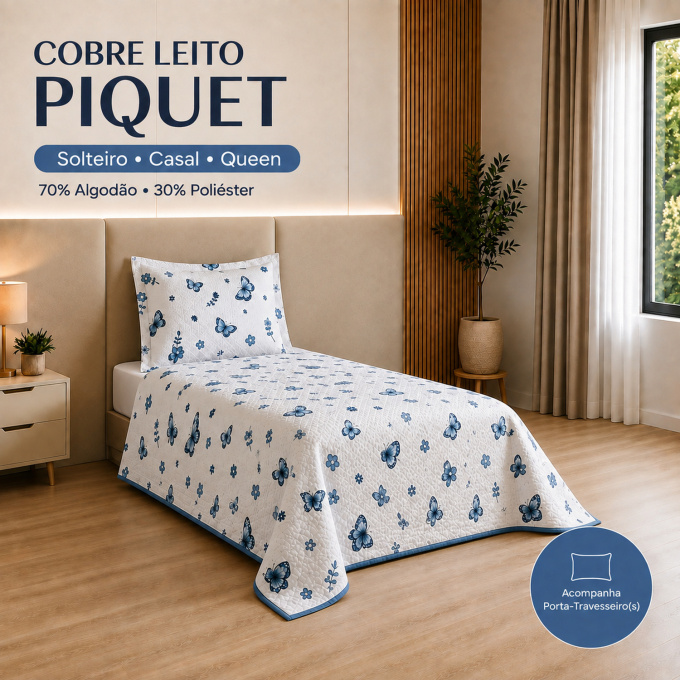 Cobre-Leito Piquet 70% Algodão com Porta-Travesseiro Solteiro Borboleta