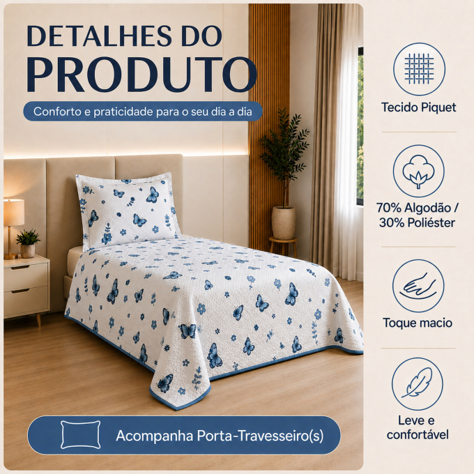 Cobre-Leito Piquet 70% Algodão com Porta-Travesseiro Solteiro Borboleta