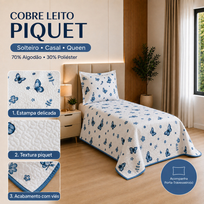 Cobre-Leito Piquet 70% Algodão com Porta-Travesseiro Solteiro Borboleta