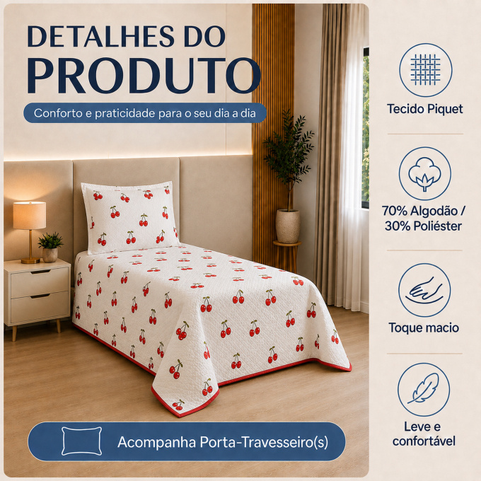 Cobre-Leito Piquet 70% Algodão com Porta-Travesseiro Solteiro Cereja
