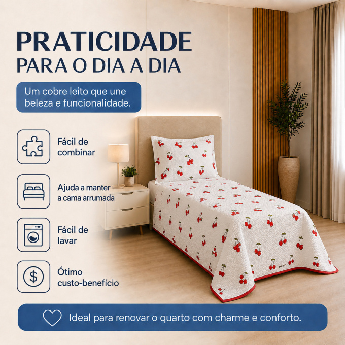 Cobre-Leito Piquet 70% Algodão com Porta-Travesseiro Solteiro Cereja