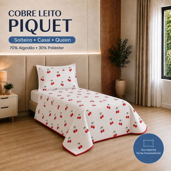 Cobre-Leito Piquet 70% Algodão com Porta-Travesseiro Solteiro Cereja