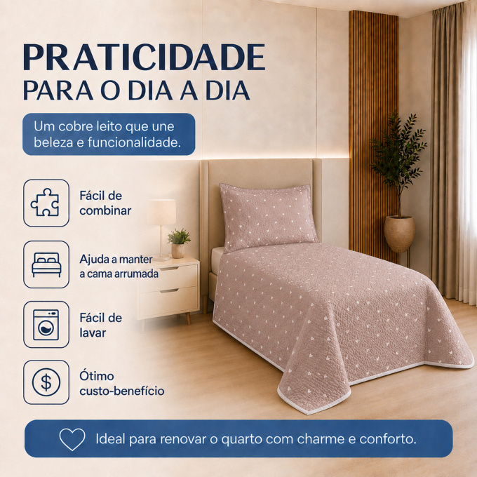 Cobre-Leito Piquet 70% Algodão com Porta-Travesseiro Solteiro Corações