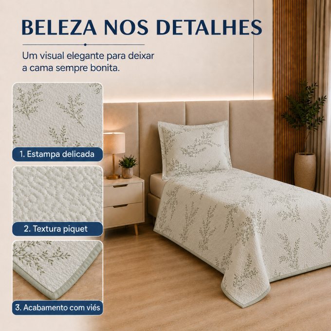 Cobre-Leito Piquet 70% Algodão com Porta-Travesseiro Solteiro Erva Doce