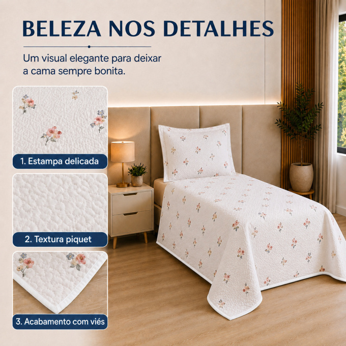 Cobre-Leito Piquet 70% Algodão com Porta-Travesseiro Solteiro Flor Azul