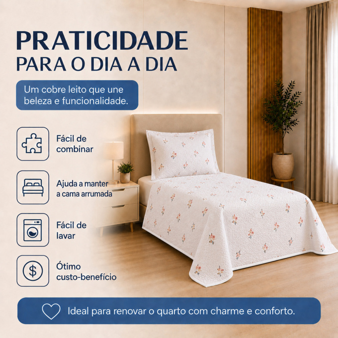Cobre-Leito Piquet 70% Algodão com Porta-Travesseiro Solteiro Flor Azul