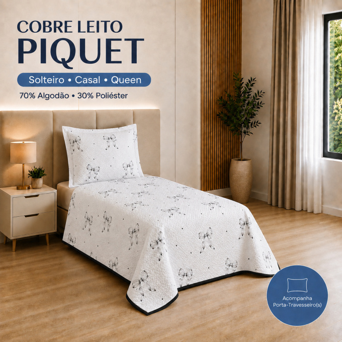 Cobre-Leito Piquet 70% Algodão com Porta-Travesseiro Solteiro Lacinho Preto