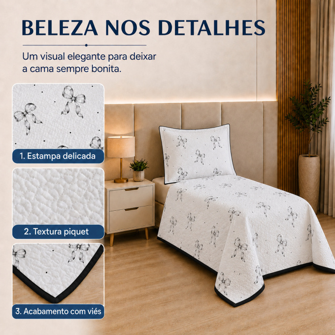Cobre-Leito Piquet 70% Algodão com Porta-Travesseiro Solteiro Lacinho Preto