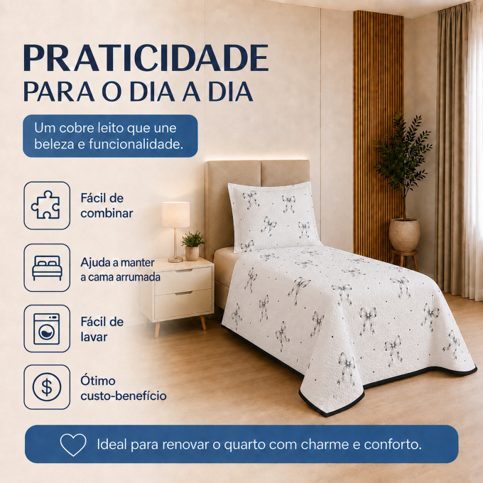 Cobre-Leito Piquet 70% Algodão com Porta-Travesseiro Solteiro Lacinho Preto