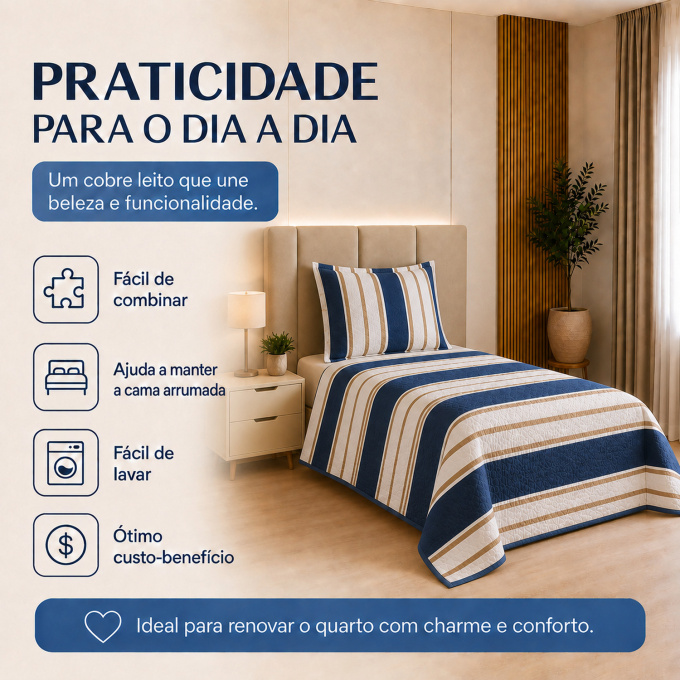 Cobre-Leito Piquet 70% Algodão com Porta-Travesseiro Solteiro Listrado Marinho
