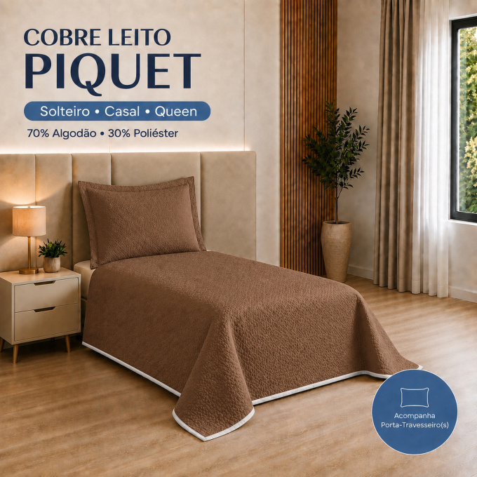 Cobre-Leito Piquet 70% Algodão com Porta-Travesseiro Solteiro Marrom