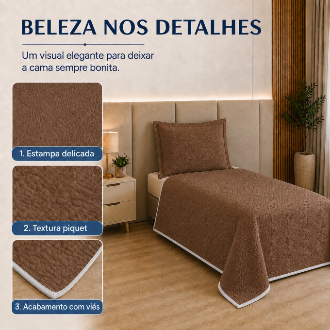 Cobre-Leito Piquet 70% Algodão com Porta-Travesseiro Solteiro Marrom