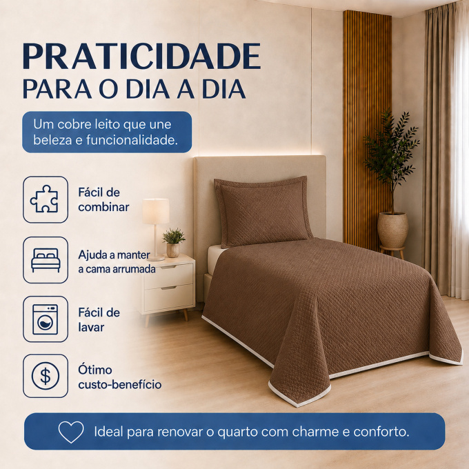 Cobre-Leito Piquet 70% Algodão com Porta-Travesseiro Solteiro Marrom