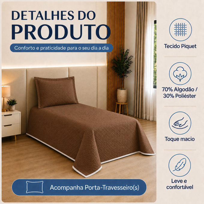 Cobre-Leito Piquet 70% Algodão com Porta-Travesseiro Solteiro Marrom