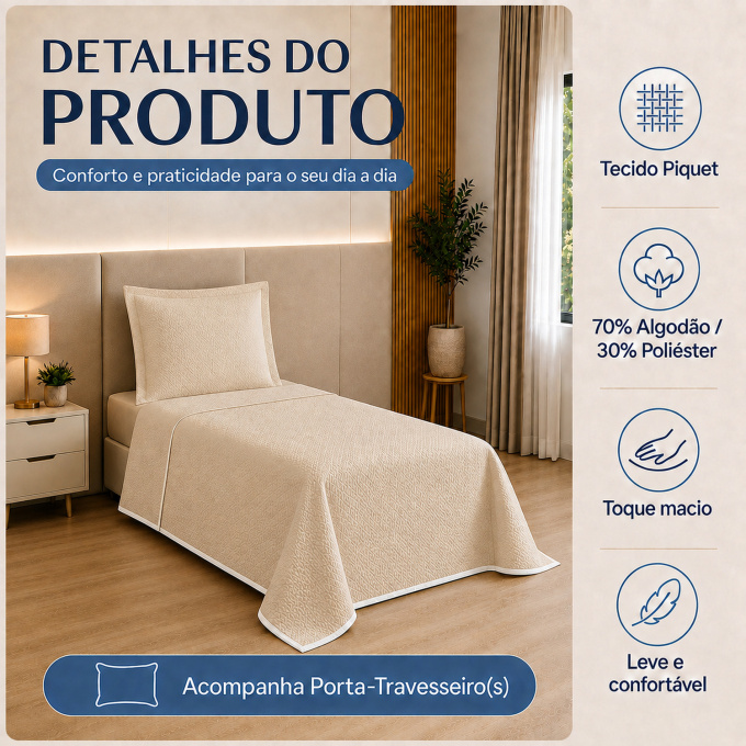 Cobre-Leito Piquet 70% Algodão com Porta-Travesseiro Solteiro Palha