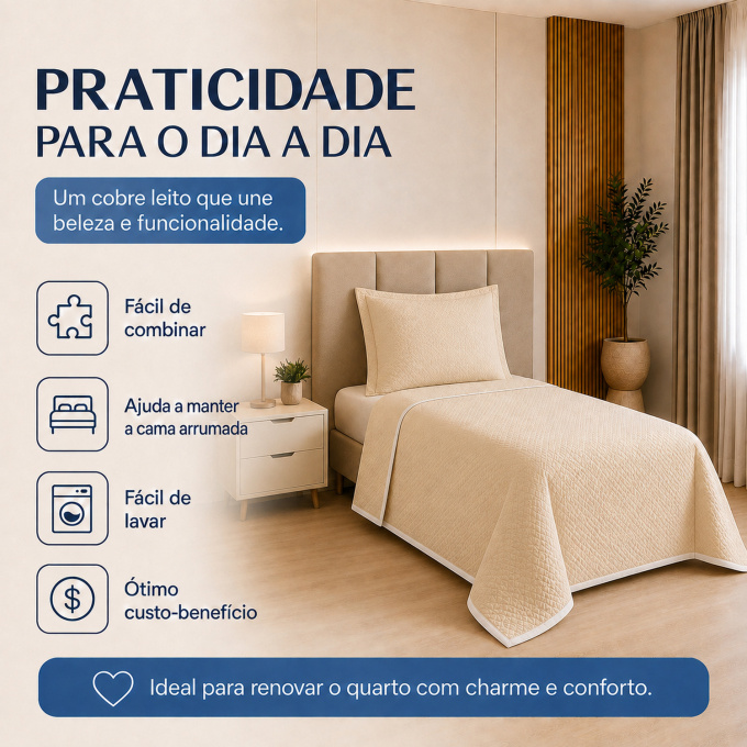 Cobre-Leito Piquet 70% Algodão com Porta-Travesseiro Solteiro Palha