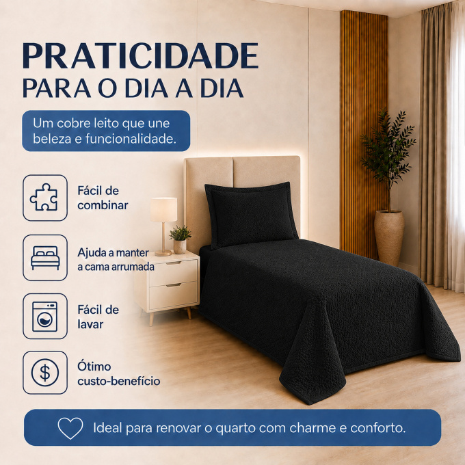 Cobre-Leito Piquet 70% Algodão com Porta-Travesseiro Solteiro Preto