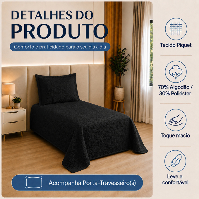 Cobre-Leito Piquet 70% Algodão com Porta-Travesseiro Solteiro Preto