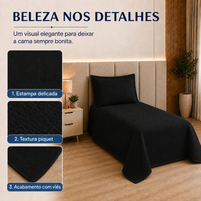 Cobre-Leito Piquet 70% Algodão com Porta-Travesseiro Solteiro Preto