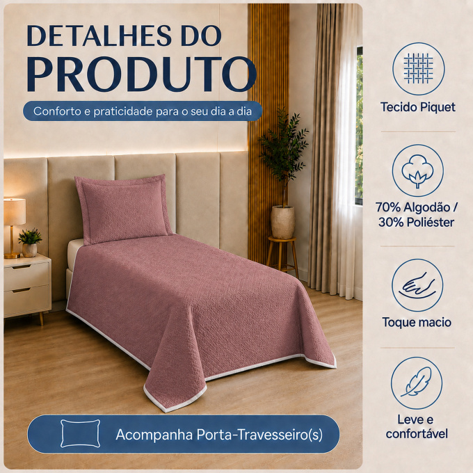 Cobre-Leito Piquet 70% Algodão com Porta-Travesseiro Solteiro Rosê