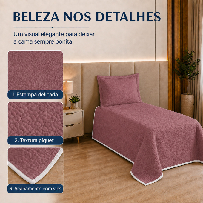 Cobre-Leito Piquet 70% Algodão com Porta-Travesseiro Solteiro Rosê
