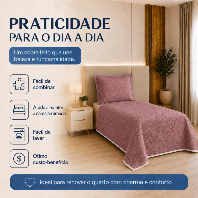 Cobre-Leito Piquet 70% Algodão com Porta-Travesseiro Solteiro Rosê