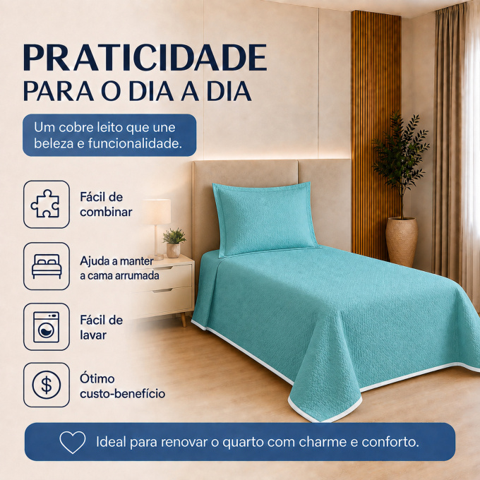 Cobre-Leito Piquet 70% Algodão com Porta-Travesseiro Solteiro Tifanny