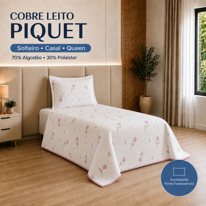 Cobre-Leito Piquet 70% Algodão com Porta-Travesseiro Solteiro Tulipa