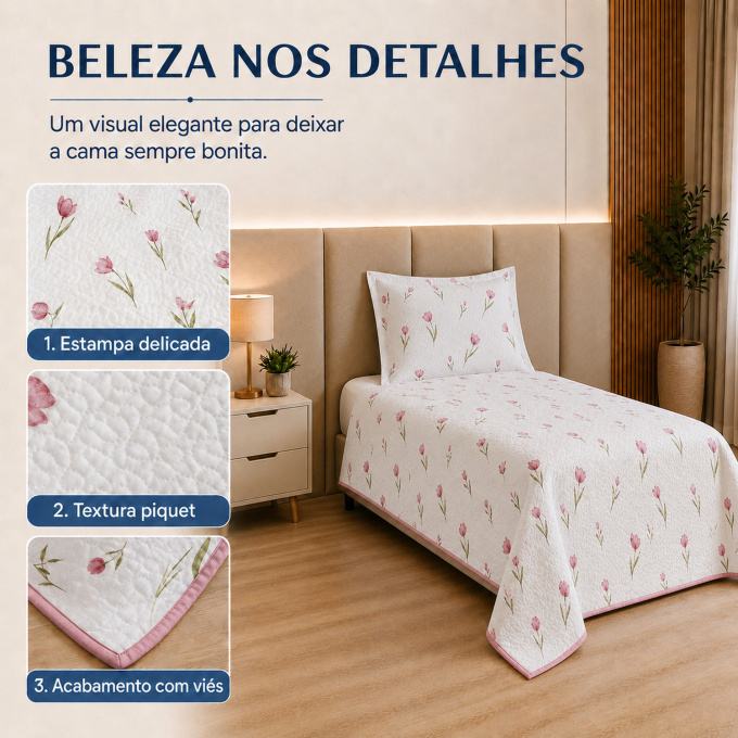 Cobre-Leito Piquet 70% Algodão com Porta-Travesseiro Solteiro Tulipa
