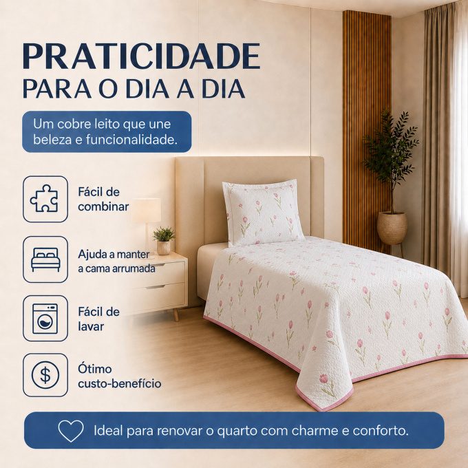 Cobre-Leito Piquet 70% Algodão com Porta-Travesseiro Solteiro Tulipa