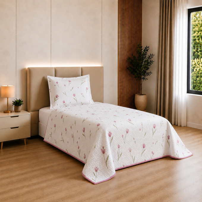 Cobre-Leito Piquet 70% Algodão com Porta-Travesseiro Solteiro Tulipa