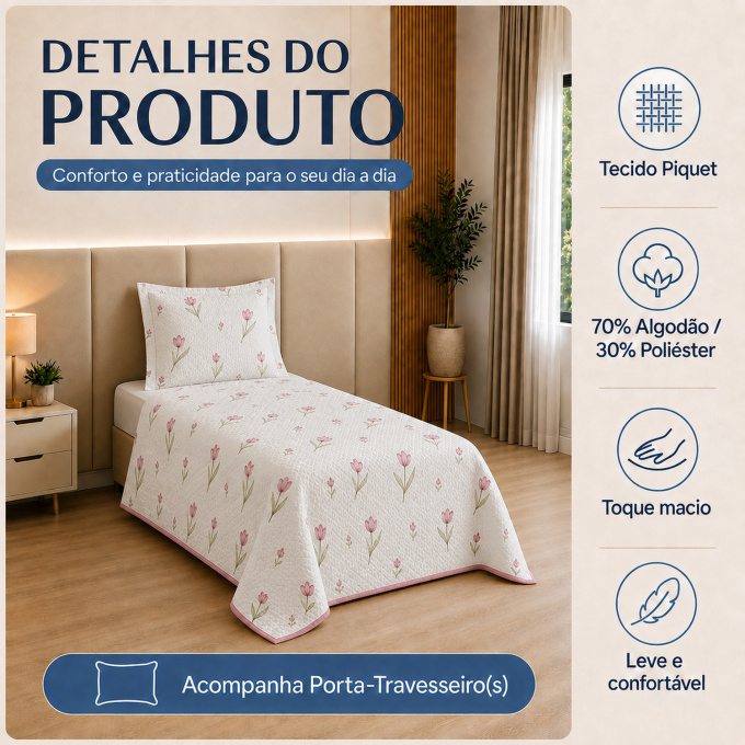 Cobre-Leito Piquet 70% Algodão com Porta-Travesseiro Solteiro Tulipa