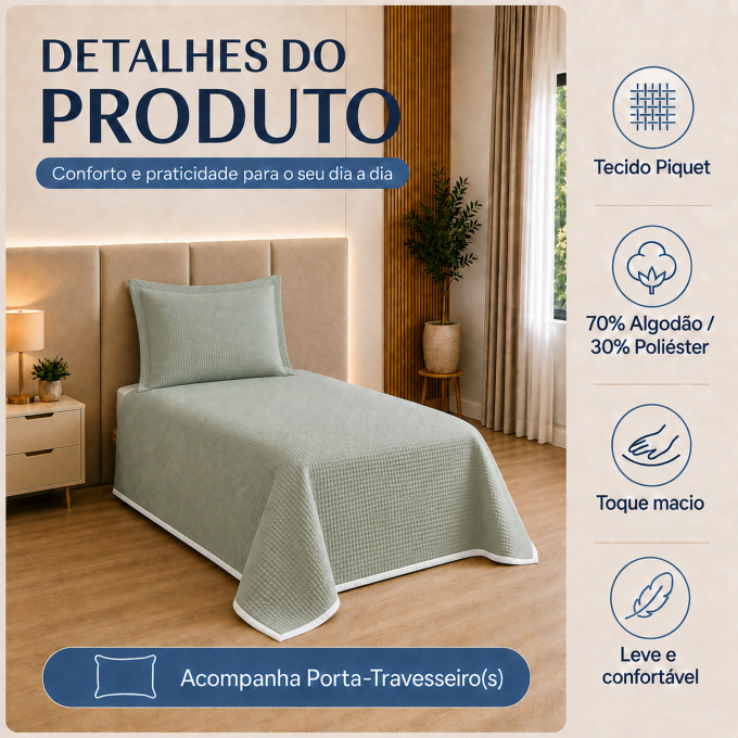Cobre-Leito Piquet 70% Algodão com Porta-Travesseiro Solteiro Verde