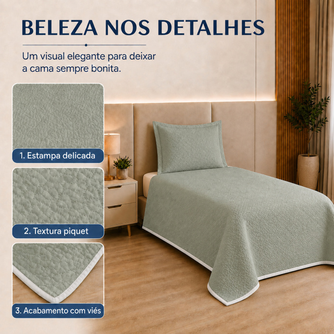 Cobre-Leito Piquet 70% Algodão com Porta-Travesseiro Solteiro Verde