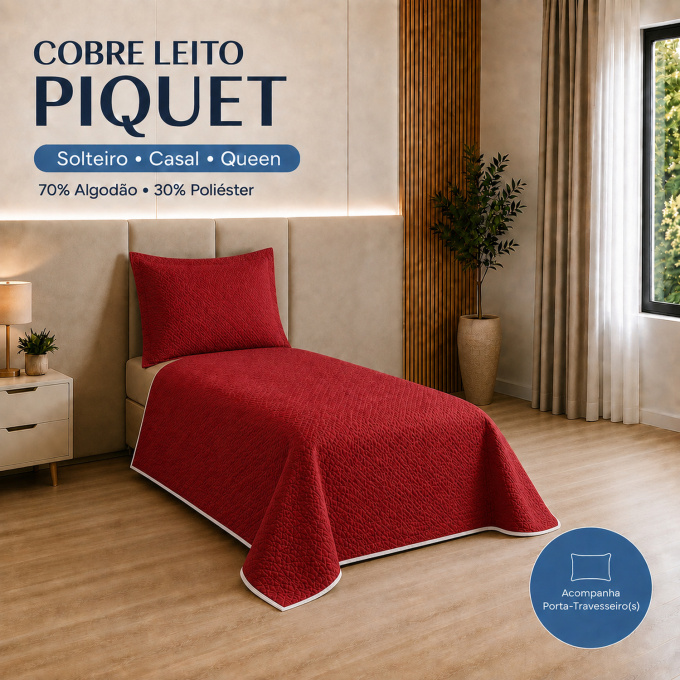 Cobre-Leito Piquet 70% Algodão com Porta-Travesseiro Solteiro Vermelho