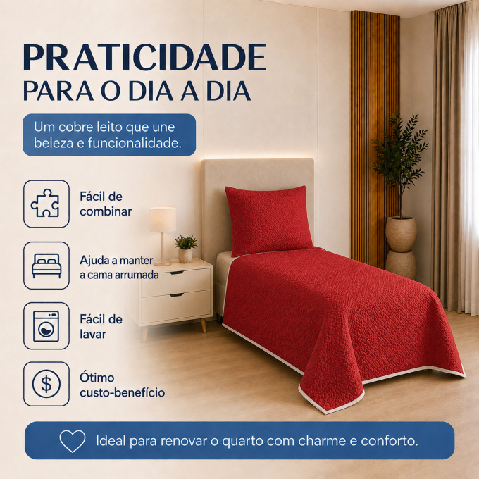 Cobre-Leito Piquet 70% Algodão com Porta-Travesseiro Solteiro Vermelho
