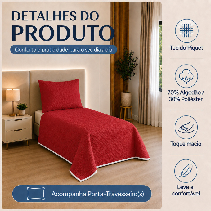 Cobre-Leito Piquet 70% Algodão com Porta-Travesseiro Solteiro Vermelho