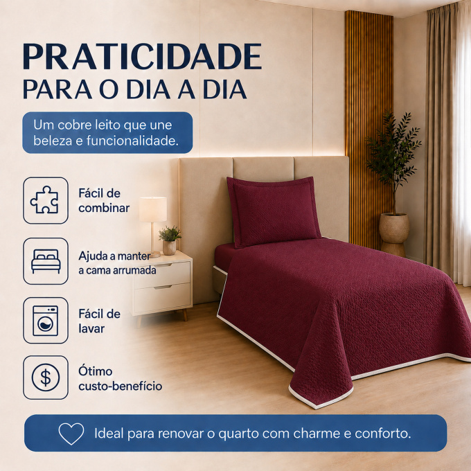 Cobre-Leito Piquet 70% Algodão com Porta-Travesseiro Solteiro Vinho