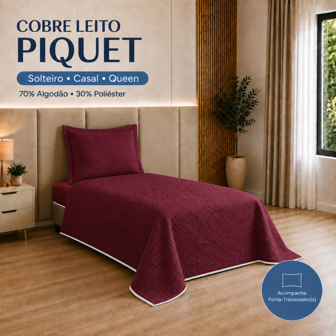 Cobre-Leito Piquet 70% Algodão com Porta-Travesseiro Solteiro Vinho