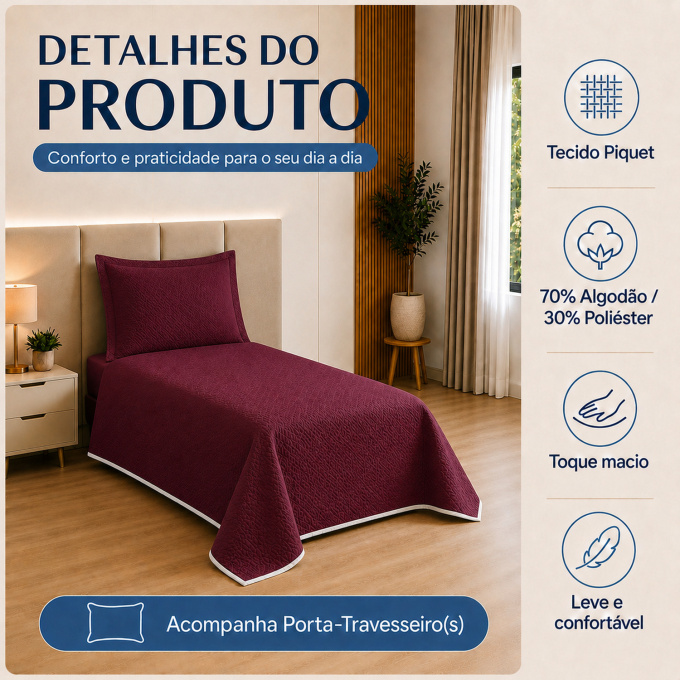 Cobre-Leito Piquet 70% Algodão com Porta-Travesseiro Solteiro Vinho